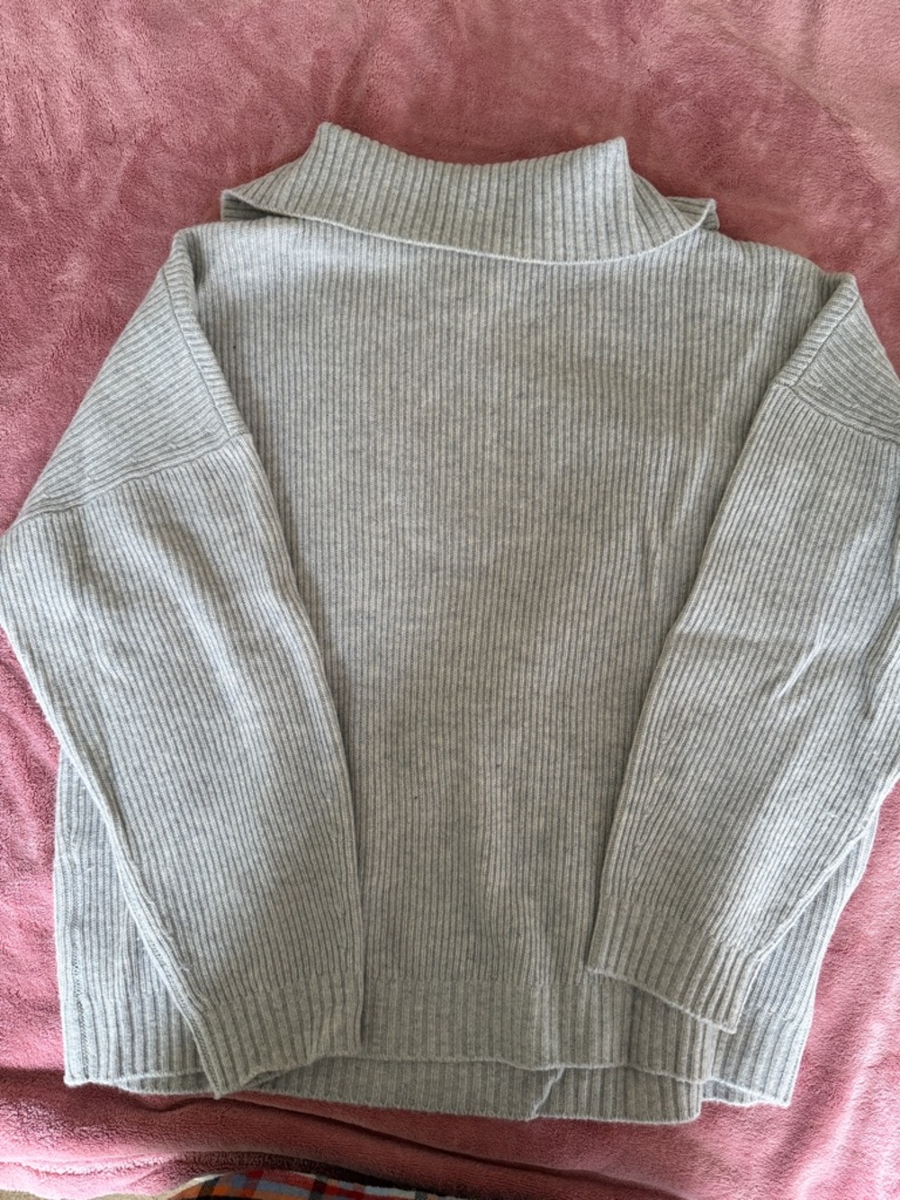 Garnet Hill Cashmere Light Gray Ribbed Half-Zip Pullover - Picture 6 of 7